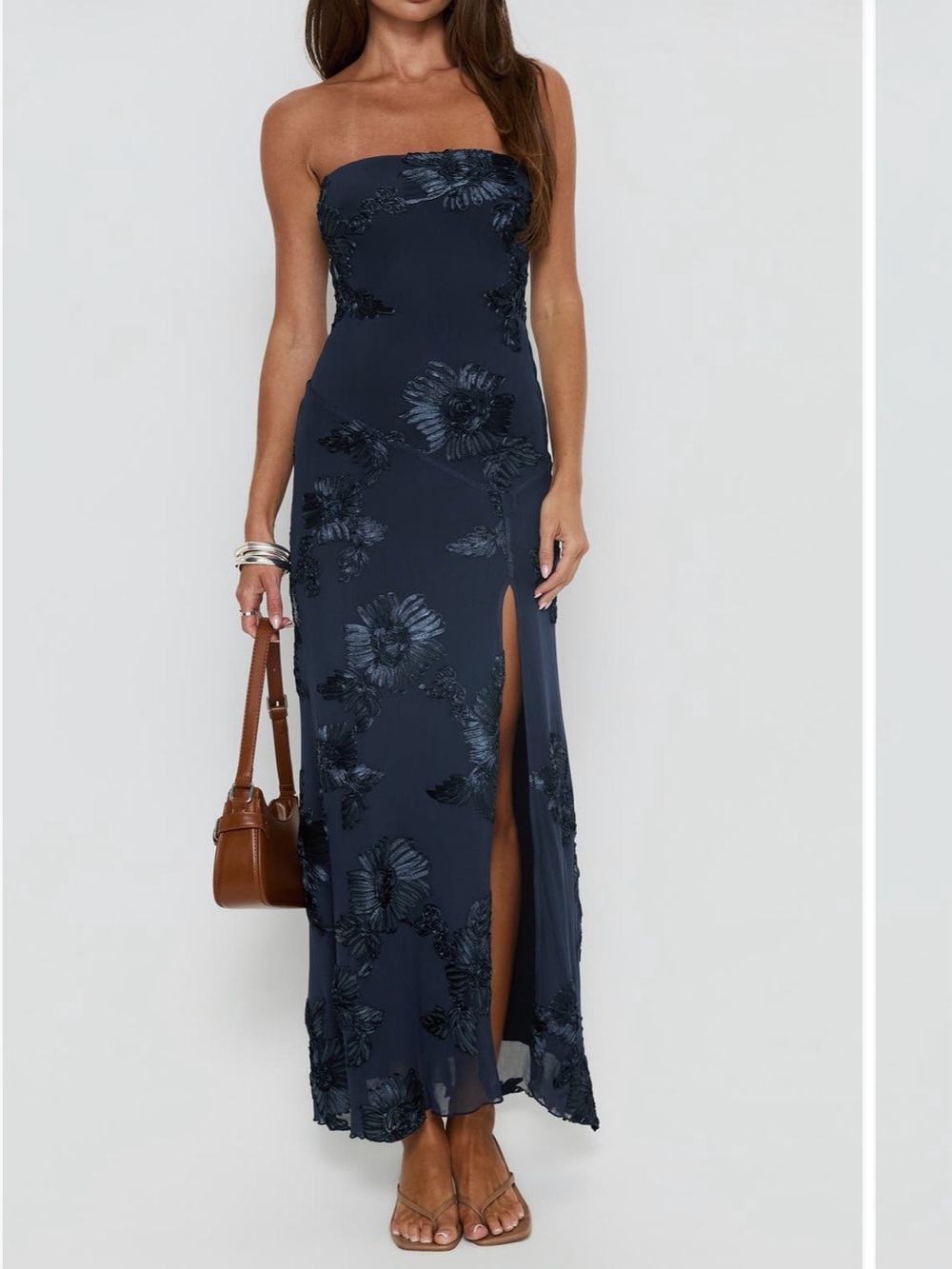 Princess Polly Strapless Navy Floral Maxi Dress with Front Slit